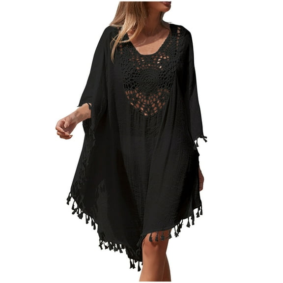 Summer Clearance Sale! TMOYZQ Women's Tassel Trim Crochet Swimsuit Cover Up Hollow Out Oversized Beach Cover Ups Loose Kaftan Dresses Swimwear Bathing Suit Cover Ups