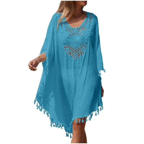 Summer Clearance Sale! TMOYZQ Women's Tassel Trim Crochet Swimsuit Cover Up Hollow Out Oversized Beach Cover Ups Loose Kaftan Dresses Swimwear Bathing Suit Cover Ups