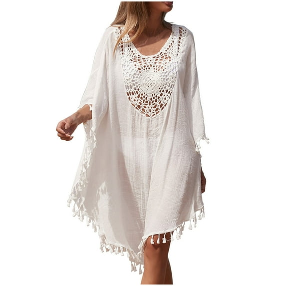 Summer Clearance Sale! TMOYZQ Women's Tassel Trim Crochet Swimsuit Cover Up Hollow Out Oversized Beach Cover Ups Loose Kaftan Dresses Swimwear Bathing Suit Cover Ups