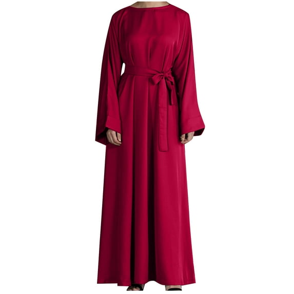 TMOYZQ Womens Muslim Solid Color Long Sleeve Round Neck Plain Maxi Long Dress Islamic Kaftan Casual Full Length Dress Arabian Robe with Belt