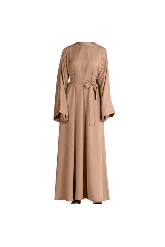 Womens Muslim Solid Color Long Sleeve Round Neck Plain Maxi Long Dress Islamic Kaftan Casual Full Length Dress Arabian Robe with Belt