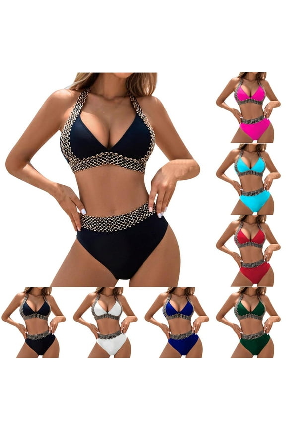 Summer Clearance Sales kttectoa Halter Straps High Waisted Bathing Suit Tankini Swimsuits for Women Stripe Print Swim Suits V-Neck Swim Suits for Womens Date Get It Today