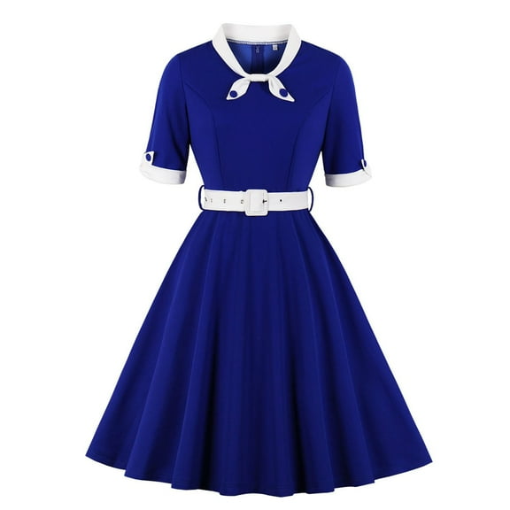 Summer kttectoa Lapel Collar Short Sleeve Dresses for Ladies Retro Zipper Tunic Wide Hem Dress with Belt Color Block Graphic Dress Wedding Guest Dress Loose Flowy Dresses