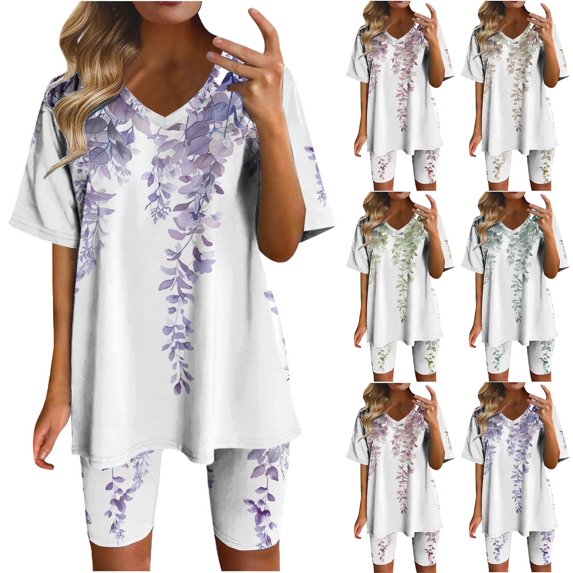 Summer Clearance Sales kttectoa Loose Soft Flowy Pajamas Suit Womens Summer Outfits Floral Print V-Neck Short Sleeve Elastic Waist Shorts Matching Sets for Ladies Officewear