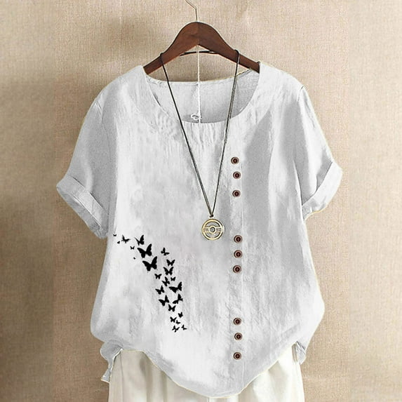 Summer kttectoa Plus Size Linen Loose Comfy Casual Tops Blouses for Women Bows Print T Shirts Round Neck Short Sleeve Blouse Tops for Ladies Athletic Go to School