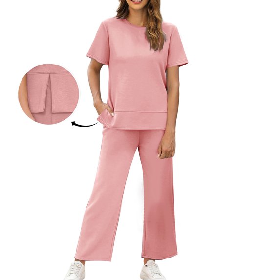 Summer kttectoa Side Slit Loungewear Yoga Sets Summer Outfits Solid Crewneck Short Sleeve Elastic Waist Pants Outfits for Womens Anniversary
