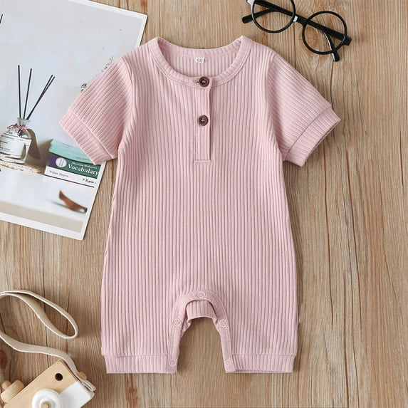 Summer Clearance Sales kttectoa Summer Outfits for Girl Toddler Baby Solid Color Button Short Sleeve Round Neck Jumpsuit Rompers Girls Clothing Sets 0-18M Cyber_Monday Deals