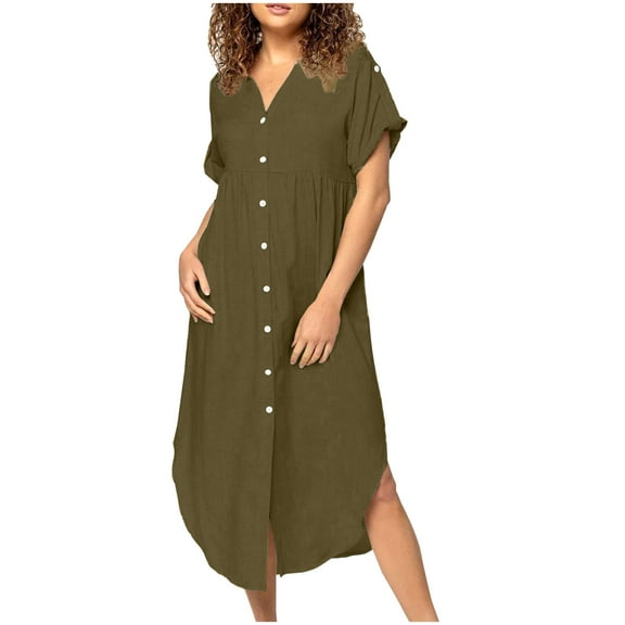 Miqool Women's Oversized Shirt Dress Casual Short Sleeve Button Down Collared A-Line Maxi Dress Loose Beach Cover Ups