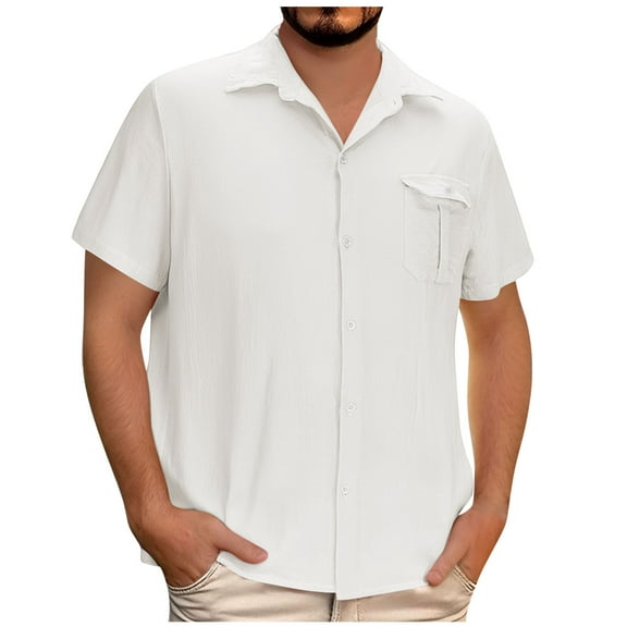 Titcea Linen Shirts for Men(S-5XL), Buttons Lapel Neck Solid Color Short Sleeve T-shirts with Pockets Loose Comfy Hawaiian Beach Vacation Summer Casual Shirts