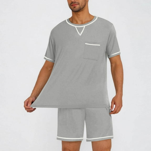 Titcea Mens Pajamas Set Crew Neck Patchwork Print Short Sleeve T Shirts and Pajama Shorts with Pockets Shorts Lightweight Comfy Sleepwear Set(S-2XL)