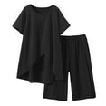 thumbnail image 1 of Summer Iyufng Linen Shorts Set Women,Summer Shorts Sets Plus Size 2 Piece Outfits,Solid Color Cotton and Linen Round Neck Split Five Part Pants Set,S-2XL, 1 of 9