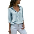 thumbnail image 1 of Tops ! Xihbxyly Button down Shirts for Women, Womens Chiffon Long Sleeve V-Neck Lapel Solid Color Button down Blouses Casual Tops Loose Fit Sky Blue XL Ofthe Day, 1 of 6