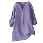 Summer Clearance Tops ! Xihbxyly Linen Shirts for Women Loose Fit, Women's V-Neck Long Sleeve Loose Button Cotton and Linen Tunic Shirts Summer Shirts Blouse Purple XL