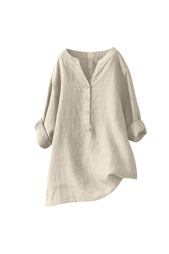 Tops ! Xihbxyly Linen Shirts for Women Loose Fit, Women's V-Neck Long Sleeve Loose Button Cotton and Linen Tunic Shirts Summer Shirts Blouse Beige S