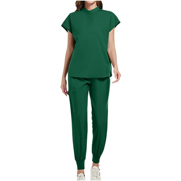 Ohufall Scrubs Sets for Women Summer 2 Piece Outfit Set Short Sleeve V Neck Tops And Jogger Scrubs Stretchy Comfy Cleaning Nursing Scrubs