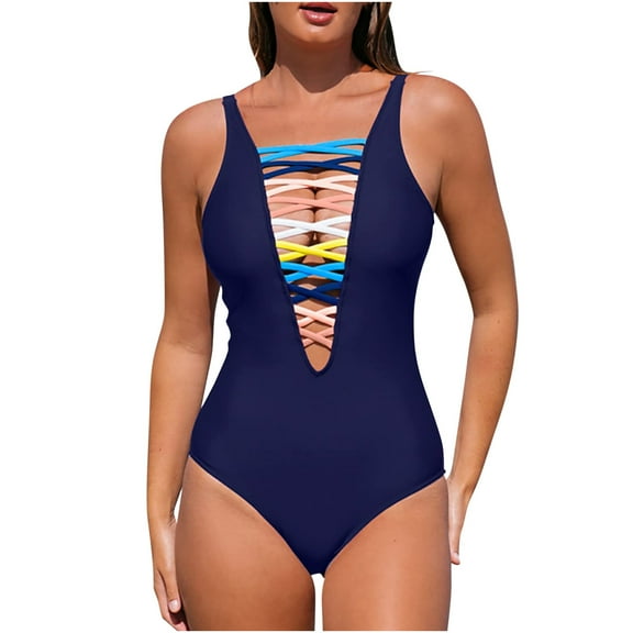 Summer Clearance Women Bikini Print Strappy Back Set One-Piece Swimsuits Plus Size Bathing Suits Tankinis Swimwear Navy, M