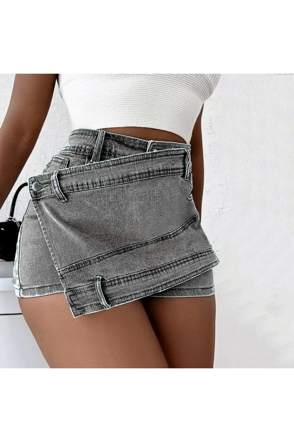 Women's Casual Wrap Button Front Asymmetrical Jean Denim Skort Skirt Shorts Wyongtao