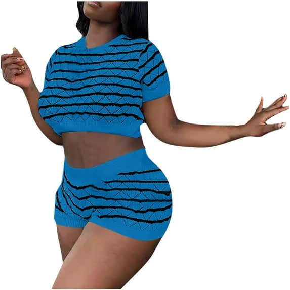 Women's Short Sleeve Tops Womens Lounge Sets Short Sleeve with Shorts Pullover Jogger Outfit Summer Casual Tracksuits Ndbuld Blue M