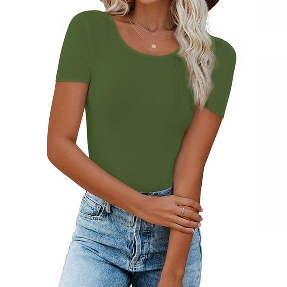 Womens Basic Short Sleeve Slim Fit T Shirts Ndbuld Women's Casual Solid Color Short-Sleeved Crew-Neck Top,Army Green,M