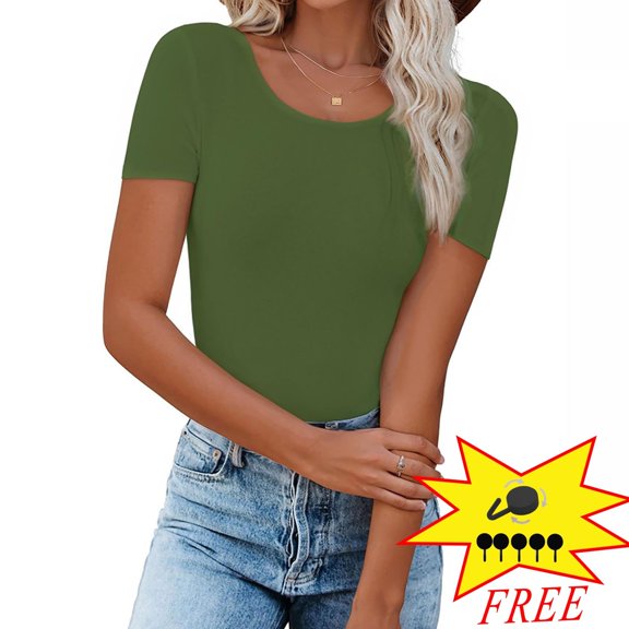 Womens Basic Short Sleeve Slim Fit T Shirts Ndbuld Women's Casual Solid Color Short-Sleeved Crew-Neck Top,Army Green,XL