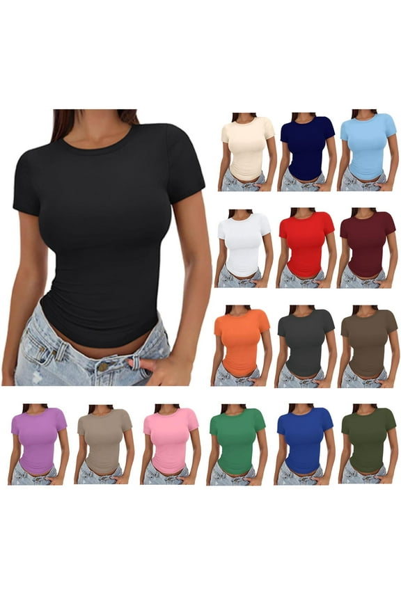 Womens Basic Short Sleeve Slim Fit T Shirts Ndbuld Women's Casual Solid Color Short-Sleeved Crew-Neck Top,Black,L