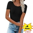 thumbnail image 1 of Womens Basic Short Sleeve Slim Fit T Shirts Ndbuld Women's Casual Solid Color Short-Sleeved Crew-Neck Top,Black,L, 1 of 6