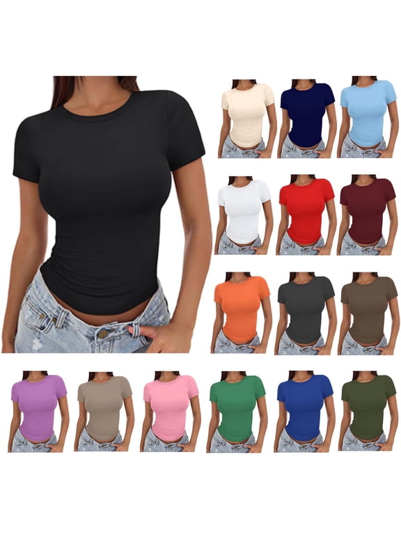 Womens Basic Short Sleeve Slim Fit T Shirts Ndbuld Women's Casual Solid Color Short-Sleeved Crew-Neck Top,Black,M