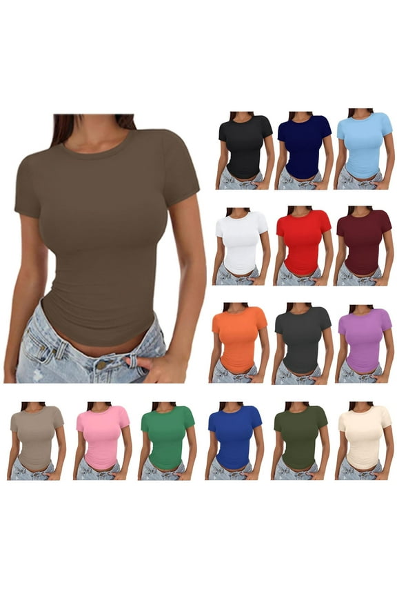Womens Basic Short Sleeve Slim Fit T Shirts Ndbuld Women's Casual Solid Color Short-Sleeved Crew-Neck Top,Coffee,M