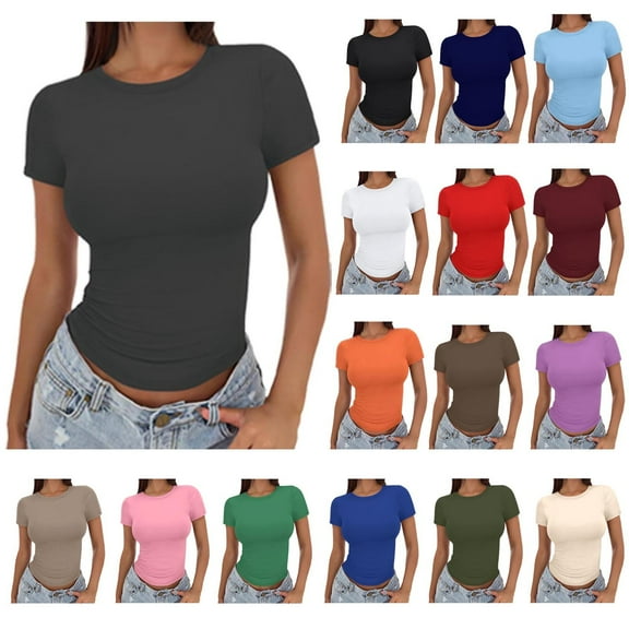 Womens Basic Short Sleeve Slim Fit T Shirts Ndbuld Women's Casual Solid Color Short-Sleeved Crew-Neck Top,Dark Gray,S