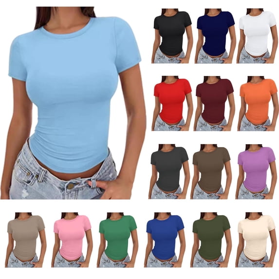 Womens Basic Short Sleeve Slim Fit T Shirts Ndbuld Women's Casual Solid Color Short-Sleeved Crew-Neck Top,Light Blue,S