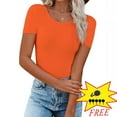 thumbnail image 1 of Womens Basic Short Sleeve Slim Fit T Shirts Ndbuld Women's Casual Solid Color Short-Sleeved Crew-Neck Top,Orange,L, 1 of 1