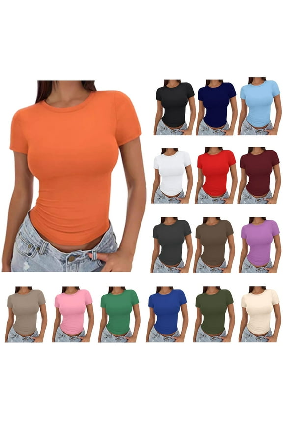 Womens Basic Short Sleeve Slim Fit T Shirts Ndbuld Women's Casual Solid Color Short-Sleeved Crew-Neck Top,Orange,M