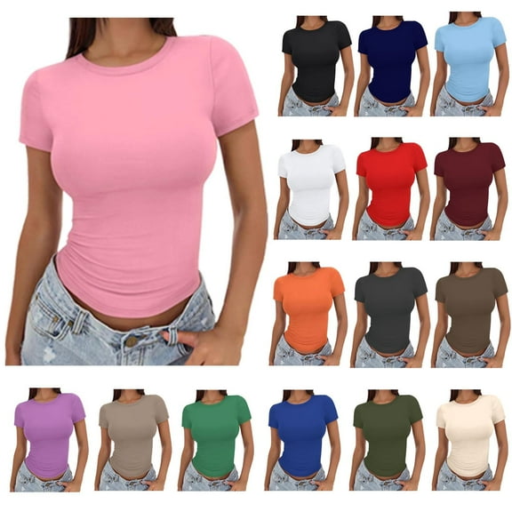 Womens Basic Short Sleeve Slim Fit T Shirts Ndbuld Women's Casual Solid Color Short-Sleeved Crew-Neck Top,Pink,S