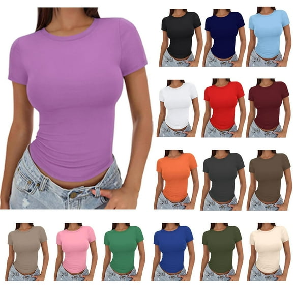Womens Basic Short Sleeve Slim Fit T Shirts Ndbuld Women's Casual Solid Color Short-Sleeved Crew-Neck Top,Purple,S