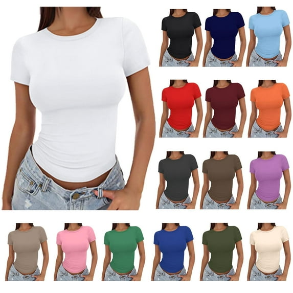 Womens Basic Short Sleeve Slim Fit T Shirts Ndbuld Women's Casual Solid Color Short-Sleeved Crew-Neck Top,White,S