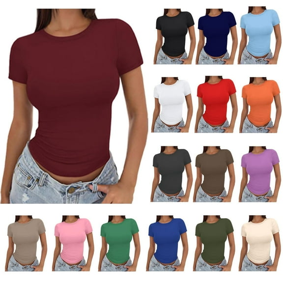 Womens Basic Short Sleeve Slim Fit T Shirts Ndbuld Women's Casual Solid Color Short-Sleeved Crew-Neck Top,,S