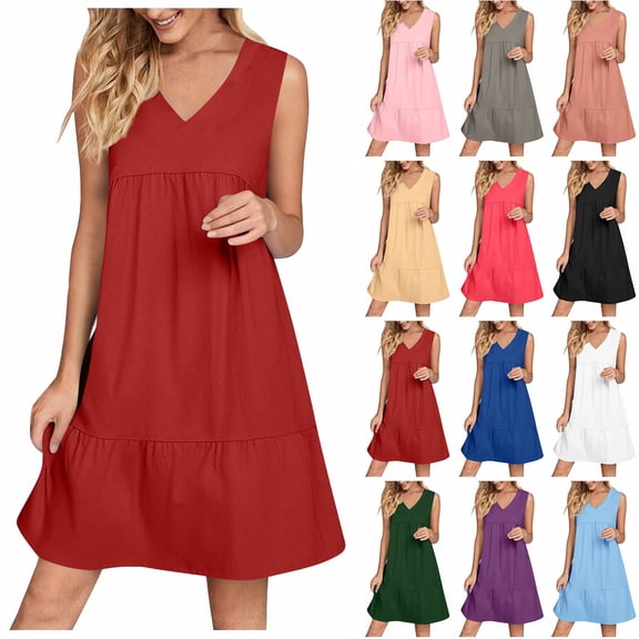 Womens Summer Dresses 2025 V-Neck Sleeveless Side Pockets Dress Sundress Solid Loose Short Flowy Mini Dress(Gift Included),Red ,Size S