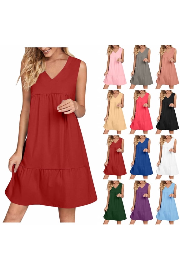Womens Summer Dresses 2025 V-Neck Sleeveless Side Pockets Dress Sundress Solid Loose Short Flowy Mini Dress(Gift Included),Red ,Size XL