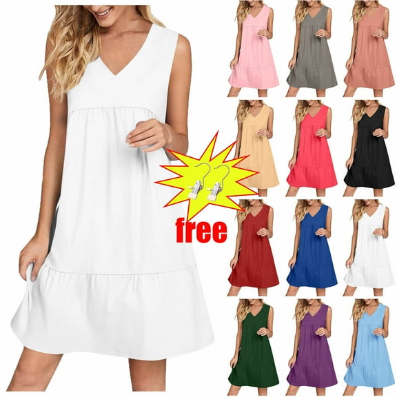 Womens Summer Dresses 2025 V-Neck Sleeveless Side Pockets Dress Sundress Solid Loose Short Flowy Mini Dress(Gift Included),White ,Size XL