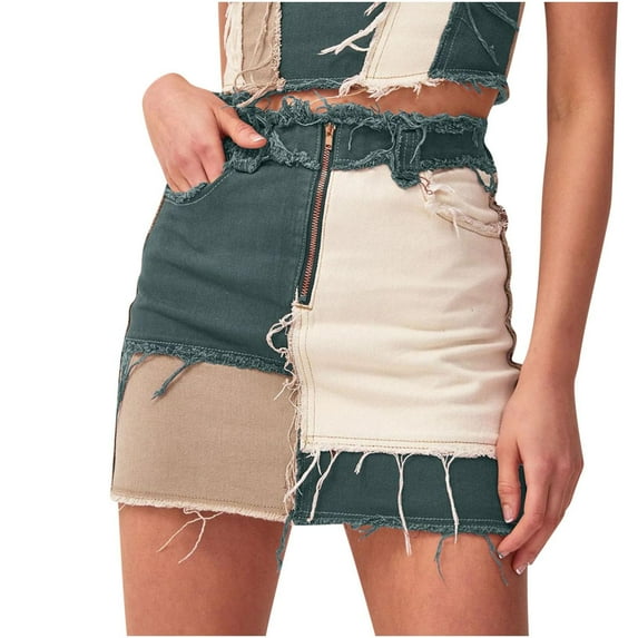 Summer Clearance! ZVNAΖH Jean Skirts for Women Denim Skirt Mini Stretch Ripped Tight-fitting Hip Stitching Color Block Short Skirt