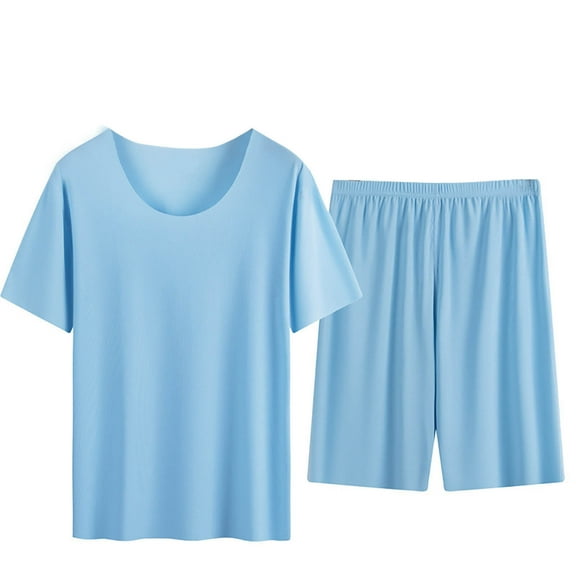 ZVNAΖH Mens Pajamas Set, Mens Short Sleeve Crew Neck Shirts and Shorts 2 Piece, Lightweight Quick Dry Sleep Sets Lounge Sets