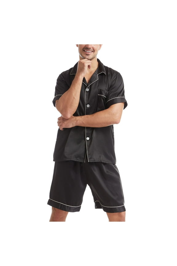 ZVNAΖH Mens Silk Pajamas Set, Mens Satin Silky Short Sleeve Classic Sleepwear Button Down Loungewear with Shorts