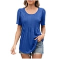thumbnail image 1 of ZVNAΖH Womens Casual Crew Neck Short Sleeve Pleated Tops Loose Cotton T Shirts, 1 of 8