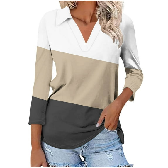 ZVNAΖH Womens Collared V Neck 3/4 Sleeve Shirts Casual Patchwork Tees Top
