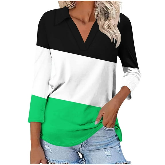 ZVNAΖH Womens Collared V Neck 3/4 Sleeve Shirts Casual Patchwork Tees Top