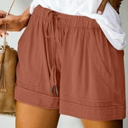 Summer Clearance! Zpanxa Linen Shorts for Women, Plus Size Comfy Drawstring Casual Elastic Waist Pocket Loose Shorts Pants Orange L