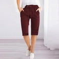 thumbnail image 1 of Zpanxa Linen Shorts for Women, Solid Color High Waisted Elastic Drawstring with Pocket Cotton Linen Five Quarter Pants Wine L, 1 of 8