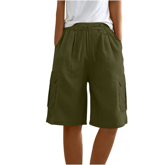 Zpanxa Linen Shorts for Women, Summer Cotton Linen Solid Color Loose Straight Leg Pants with Pockets Drawstring Army Green M