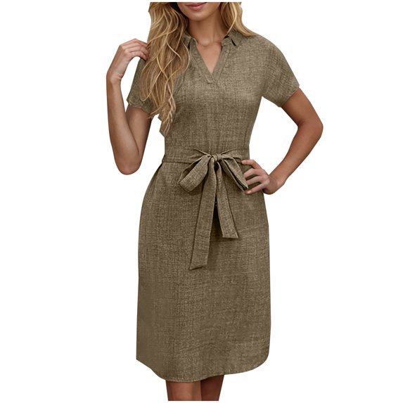 Zpanxa Sundresses for Women, Casual Dresses for Women, Ladies Fashion Casual Solid Color V-Neck Solid Color Short Sleeve Bow Belt Dress