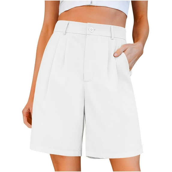 Zpanxa Womens Shorts Casual Pocket Thin High-Waisted Straight Casual Medium Pants Breathable Wide Leg Quarter Pants White XXL
